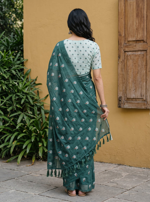 Cotton Bottle Green Saree with White Star Flower Print