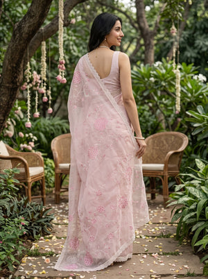 Organza Light Blush Pink Floral Embroidered Saree