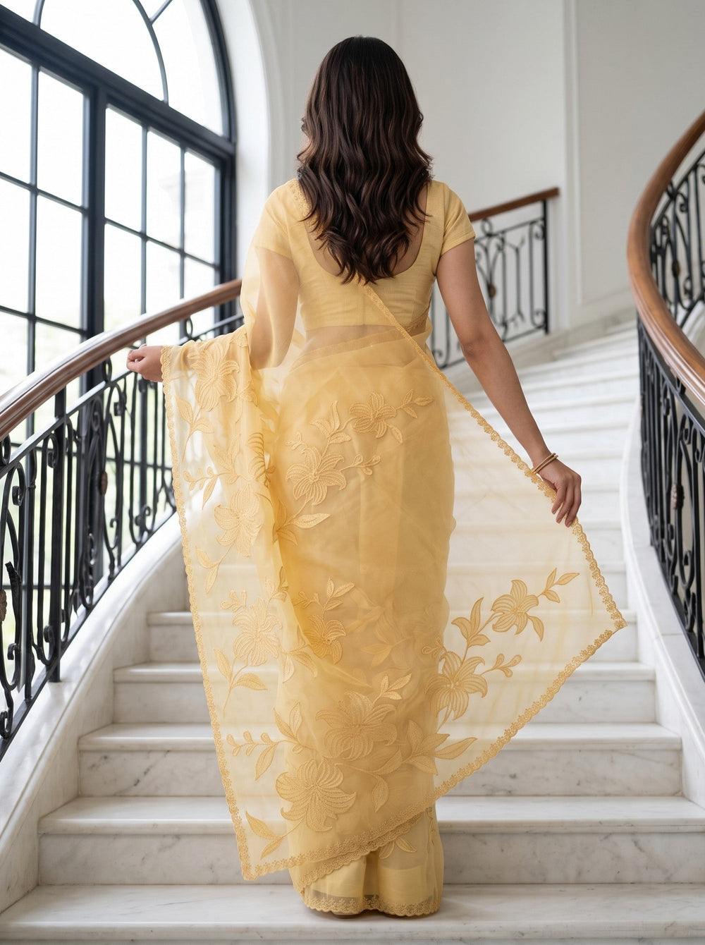 Organza Mustard Self-Tone Lily Embroidered Saree with Scalloped Lace Border