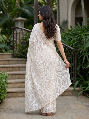Turkish Organza Cream Abstract Zari Wave Woven Saree