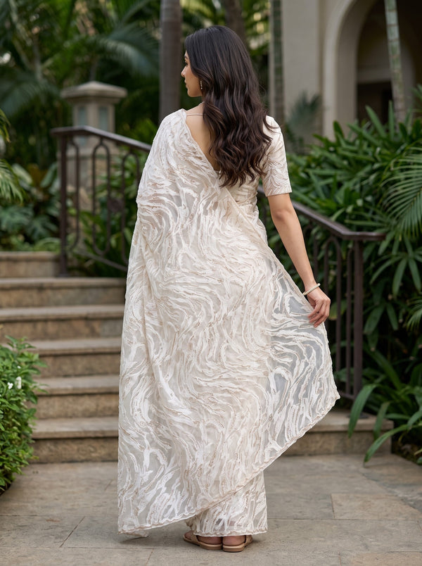 Turkish Organza Cream Abstract Zari Wave Woven Saree