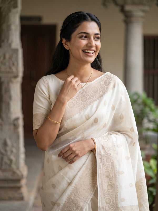 Banarasi Cream Floral Zari Butta Saree with Designer Pallu