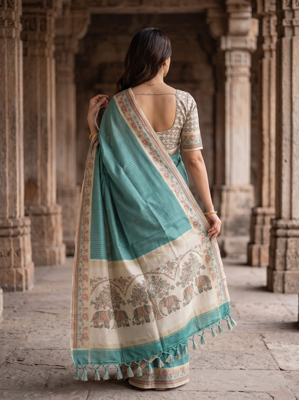 Semi Tussar Teal Green Lotus Fish Print border Saree