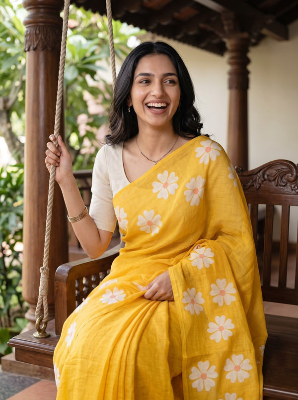 Cotton Yellow Daisy Print Tasseled Saree