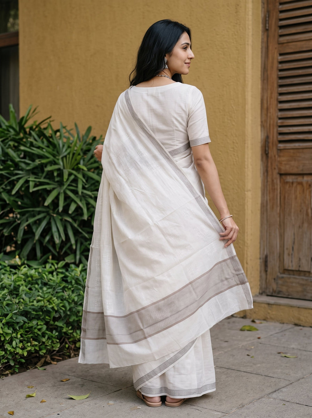 Cotton White Saree with Woven Square Dot Motifs and Beige Striped Pallu