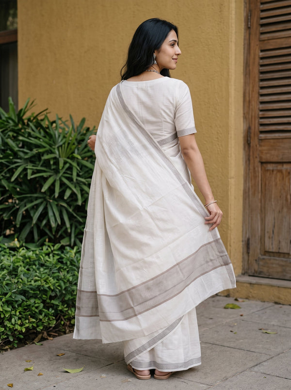 Cotton White Saree with Woven Square Dot Motifs and Beige Striped Pallu