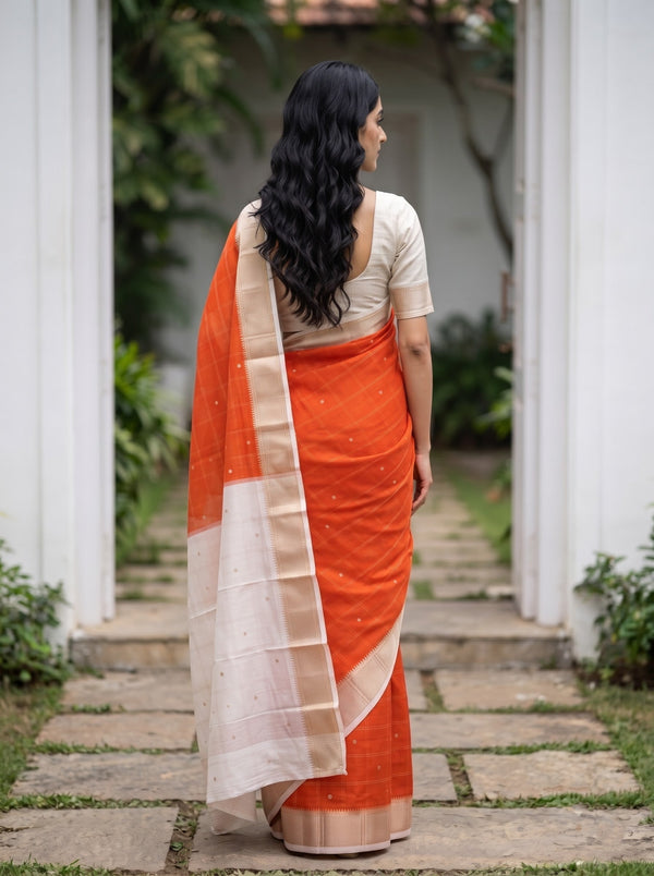 Chanderi Cotton Orange Saree with Cream Zari Checked Bord