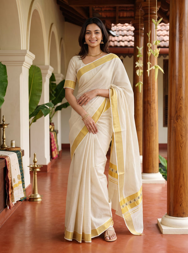 A woman wearing a cream-colored cotton saree with yellow-gold borders and a matching blouse, standing in a traditional corridor with wooden pillars and arches.