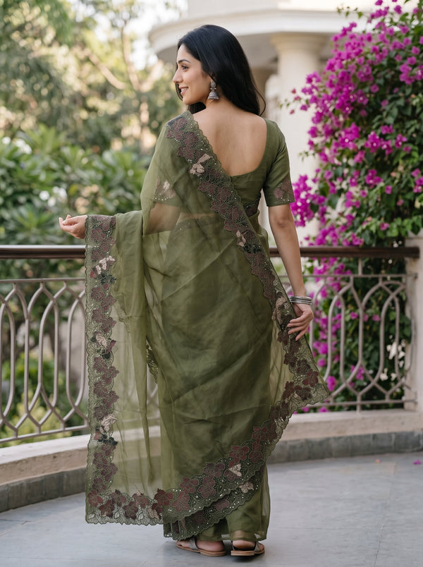 Organza Olive Green Maroon Floral Cutwork Lace Border Saree