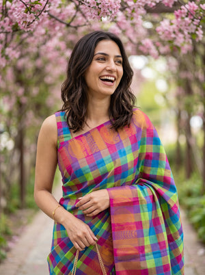 Cotton Multicolor Madras Kattam Saree with Gold Peacock Border