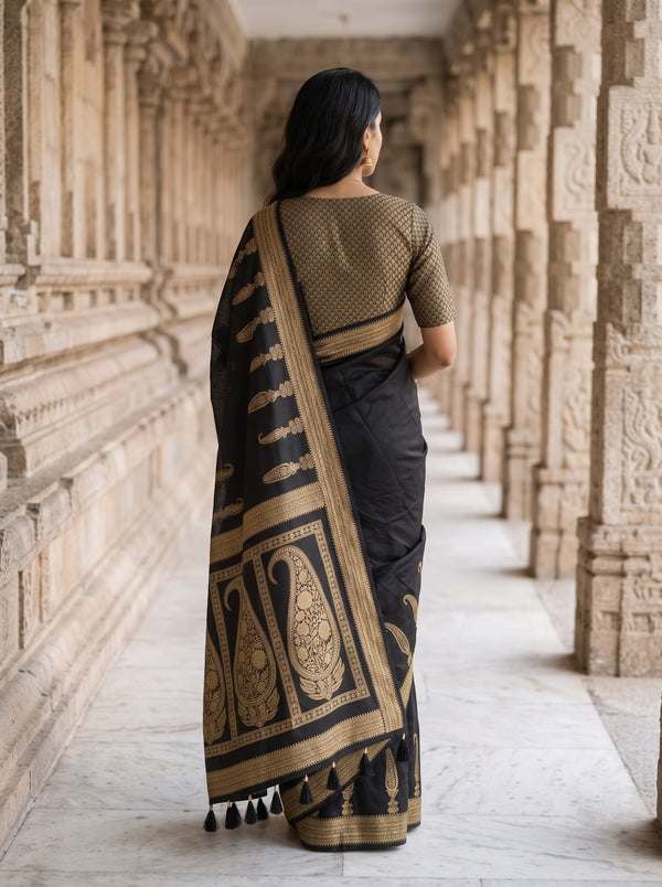 Banarasi Black Zari Floral Arch Pallu Saree