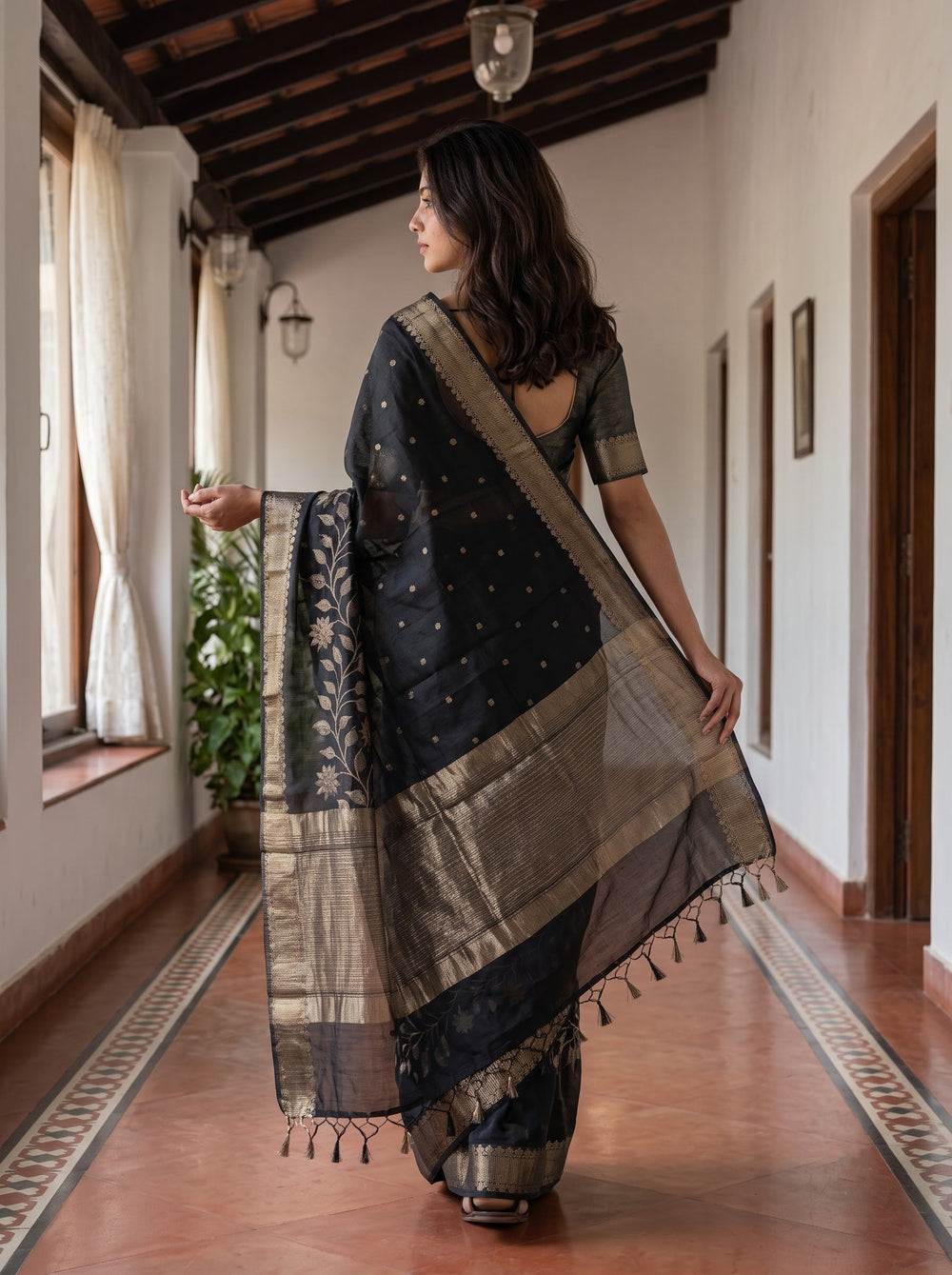 Semi Silk Black Golden Floral Vine Border Saree with Tassels