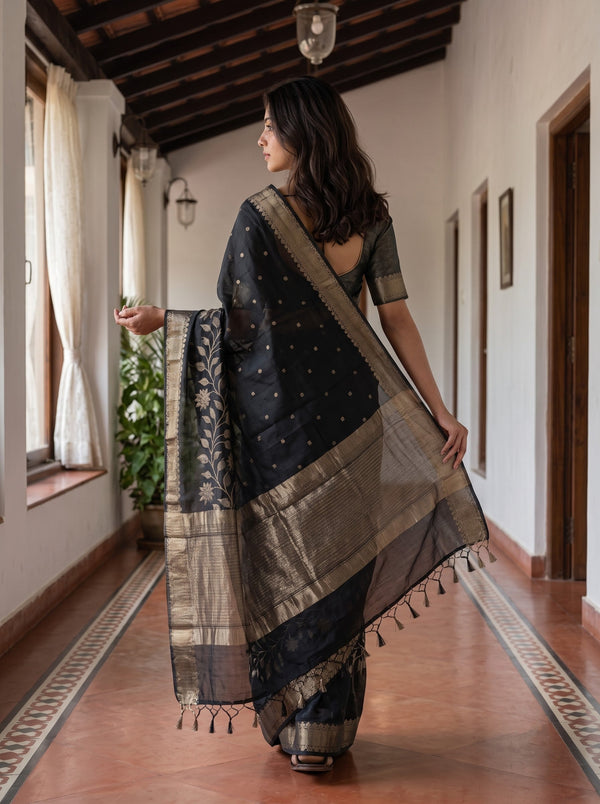 Semi Silk Black Golden Floral Vine Border Saree with Tassels