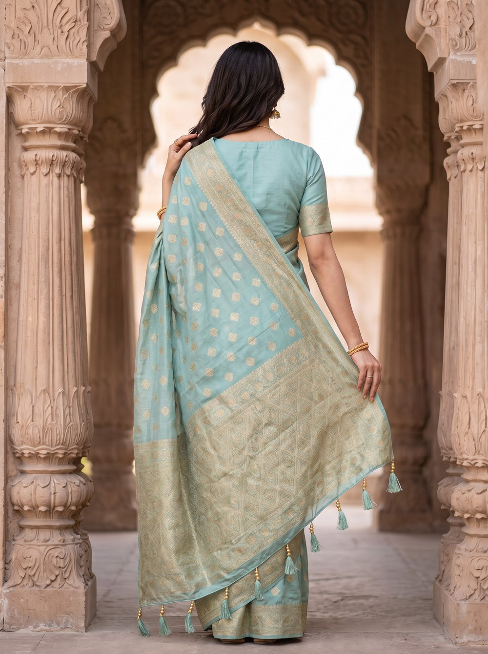Banarasi Sea Green Zari Diamond Lattice Pallu Saree