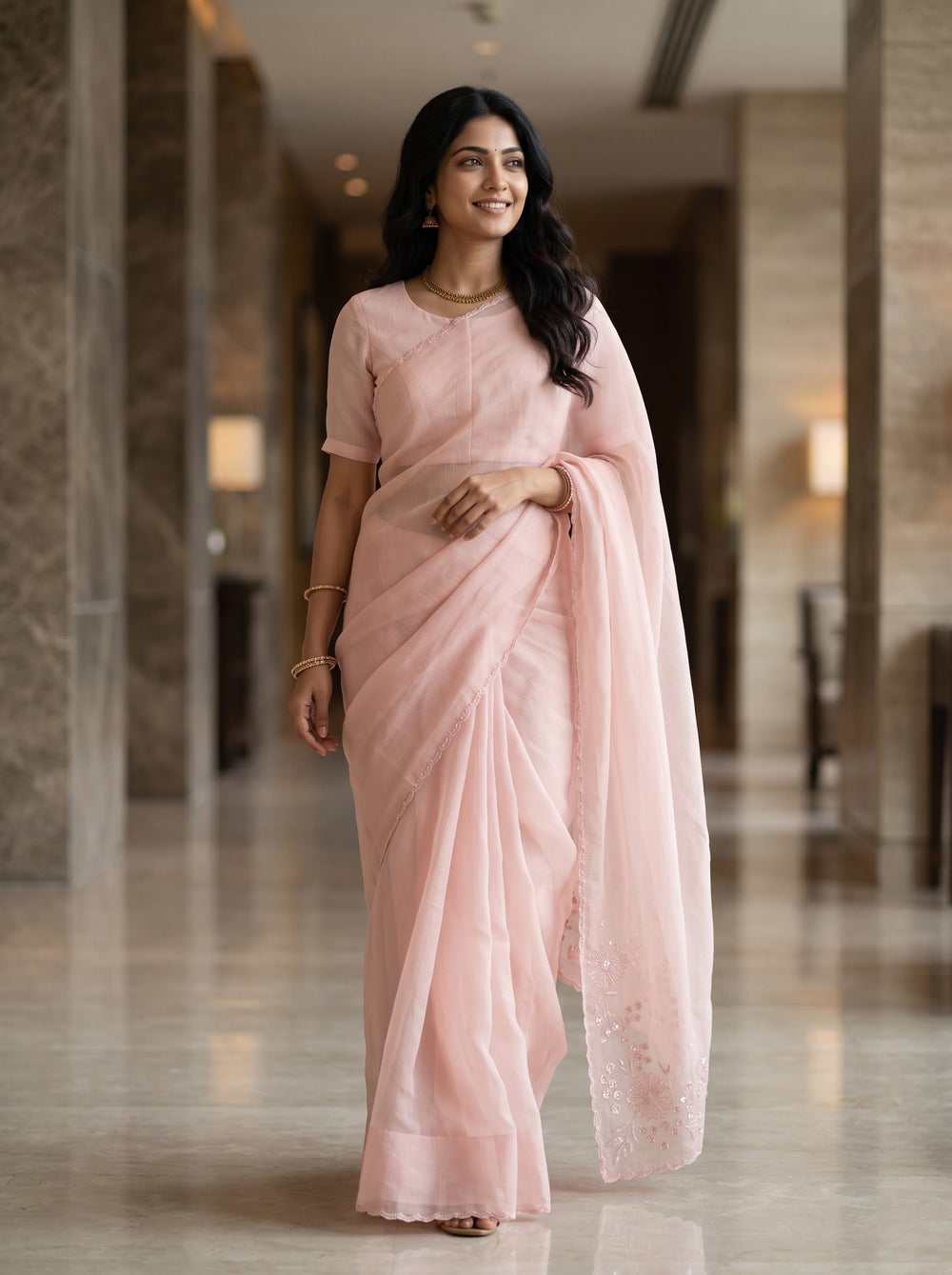 Organza Baby Pink Sequin Floral Pallu Saree