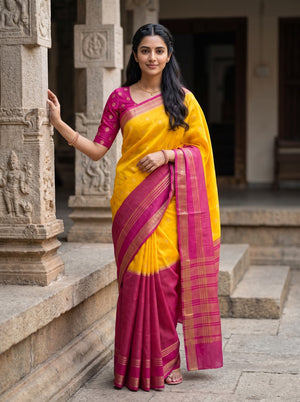 Semi Silk Yellow Pink Dual Tone Butta Saree