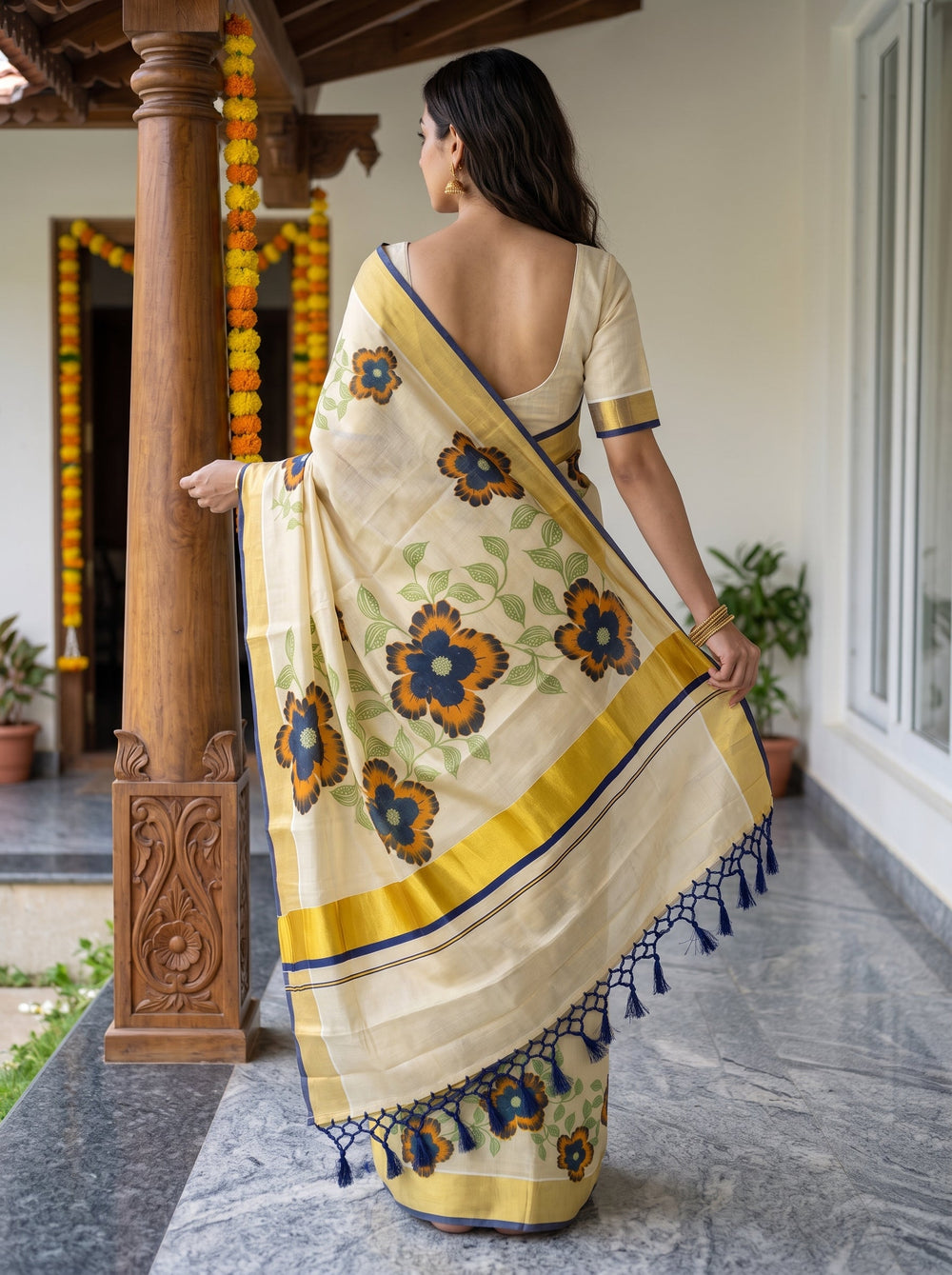 Tissue Cream Blue Floral Print  Onam Special Kerala  Saree with Golden Border