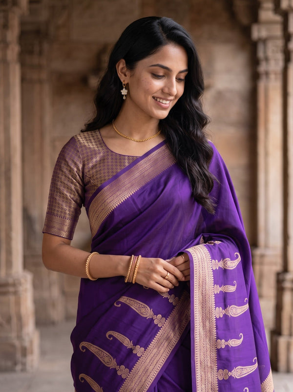 Banarasi Violet Zari Paisley Border Tasseled Saree