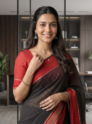 Chanderi Cotton Black Saree with Checked Design and Red Border