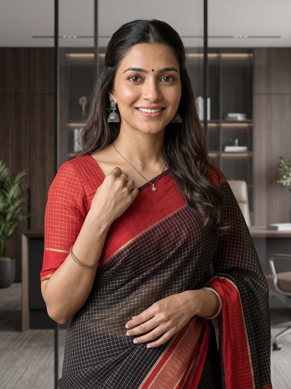 Chanderi Cotton Black Saree with Checked Design and Red Border