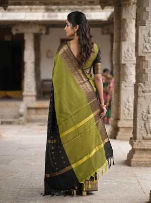 Semi Silk Olive Green Black Half and Half Golden Zari Saree with Tasseled Pallu