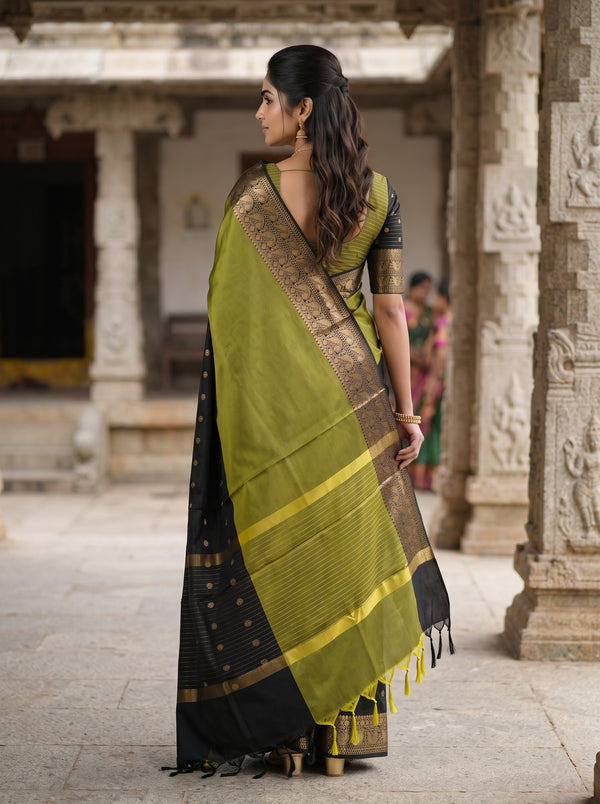 Semi Silk Olive Green Black Half and Half Golden Zari Saree with Tasseled Pallu