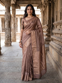 Tussar Silk Brown Saree with Zari Checks and Butta Pallu