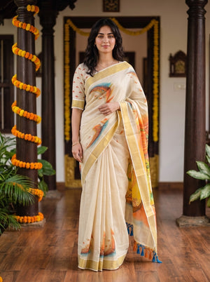 Cotton Cream Kerala Mural Traditional Print Kerala Kasavu Saree
