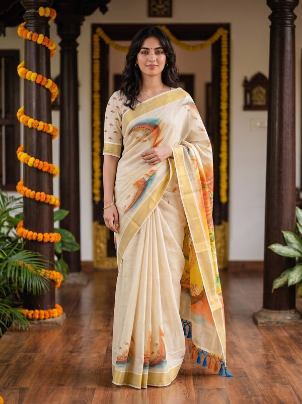 Cotton Cream Kerala Mural Traditional Print Kerala Kasavu Saree