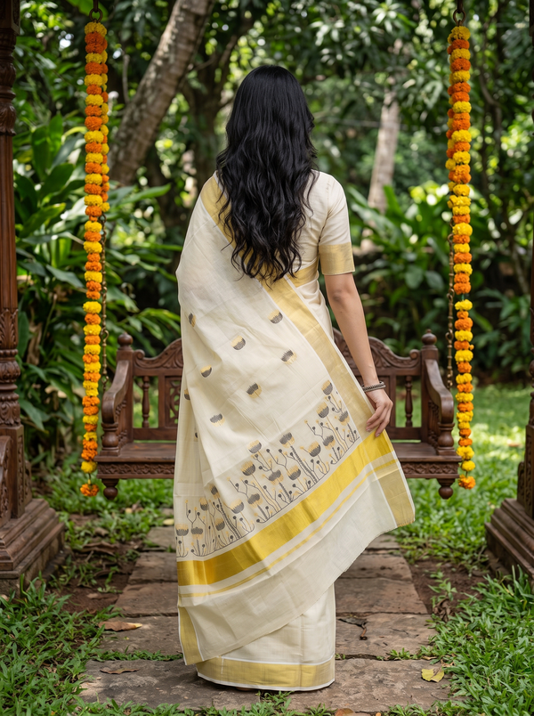 A woman viewed from behind wearing a cream-colored cotton saree with yellow borders and small printed motifs, standing on a stone path in a lush garden near a wooden swing decorated with orange marigold garlands.