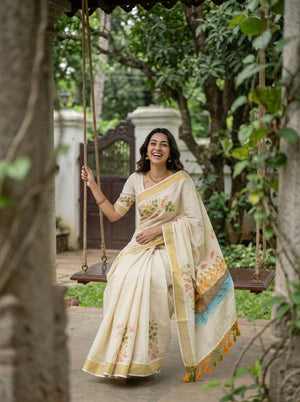 Tissue Cream Floral And vallam Kali Print Pallu Set Saree