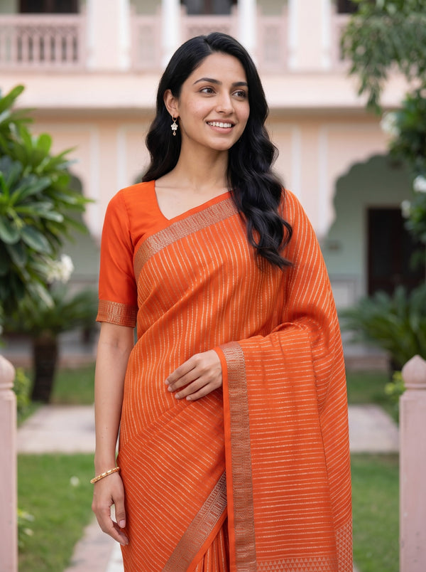 Semi Tussar Silk Orange Silver Zari Triangle Mesh Pallu Saree