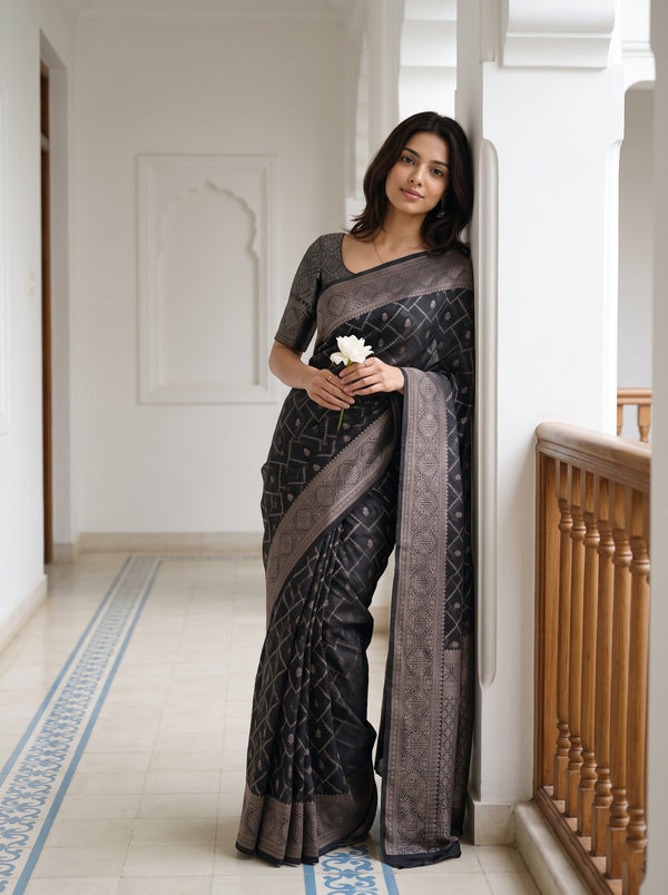 Semi Silk Black Saree with Zari Jaal Pattern and Floral Border