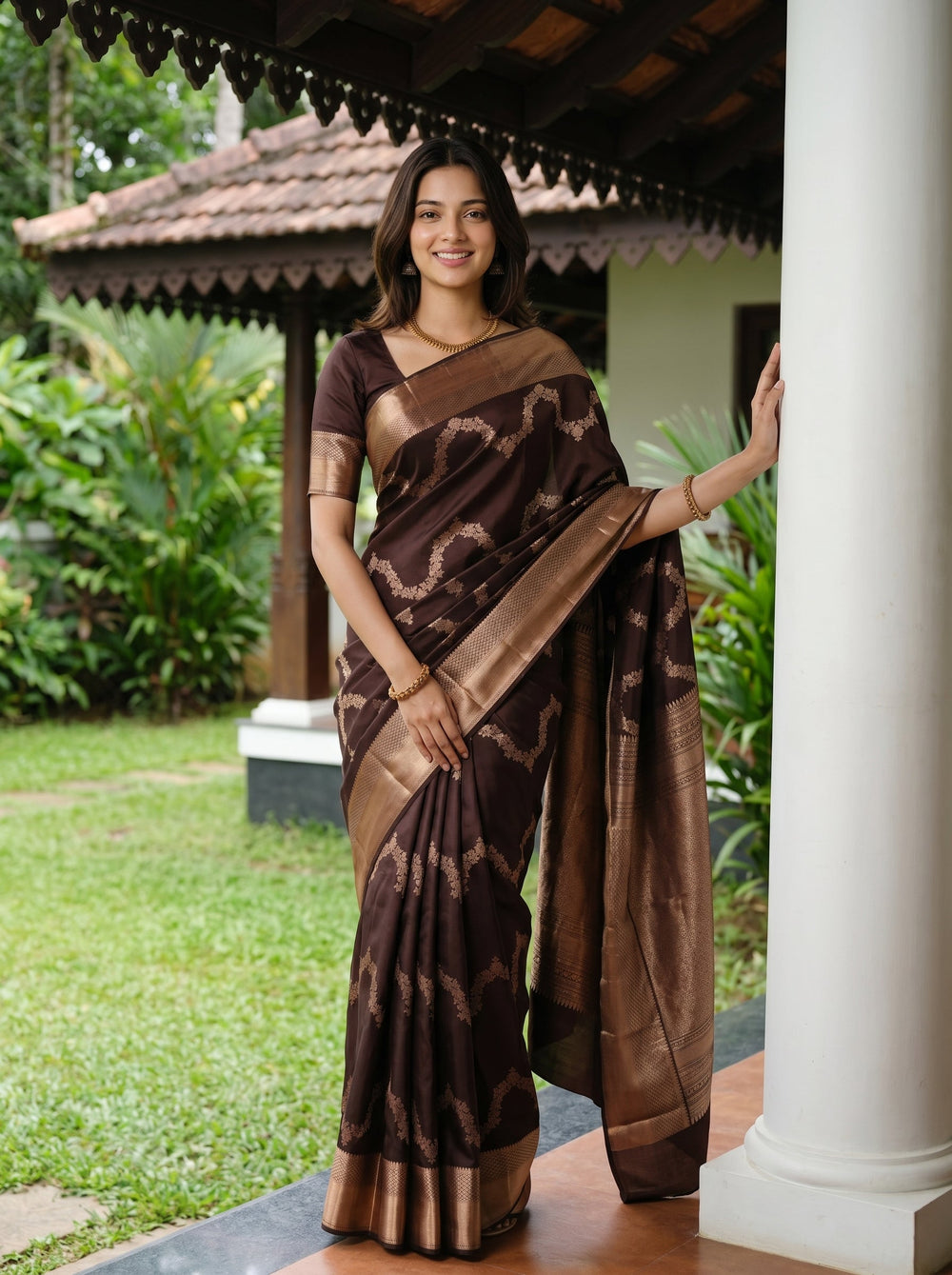 Woman in a brown saree standing outdoors with greenery in the background