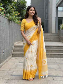 Cotton White Saree with Mustard Yellow Border and Sprig Print
