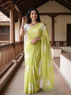 Cotton Yellow Green Saree with White Daisy Flower Print