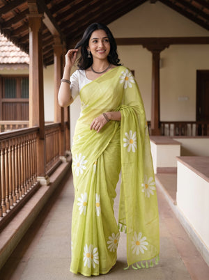 Cotton Yellow Green Saree with White Daisy Flower Print