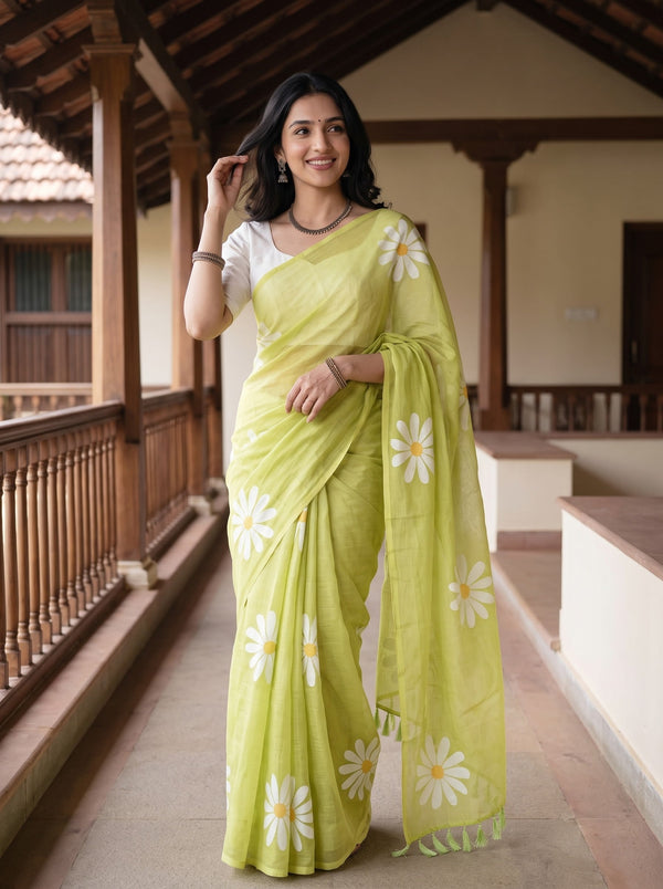 Cotton Yellow Green Saree with White Daisy Flower Print