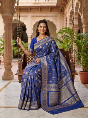 Banarasi Saree in Navy Blue with Golden Paisley Pallu Design