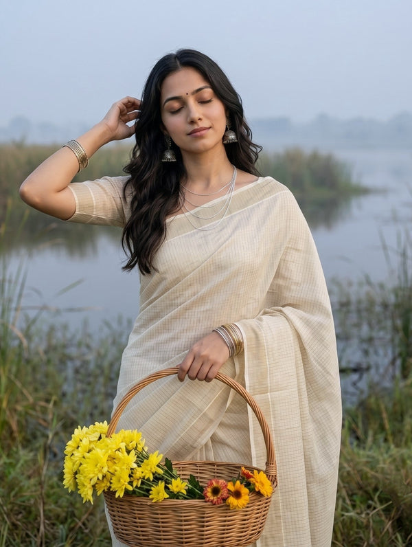 Tissue Cream Pinstripe Saree with Plain Border Onam Special Kerala Saree