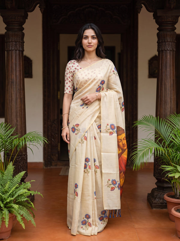 A woman stands in a traditional courtyard wearing a cream-colored saree with colorful floral prints and a matching printed blouse. The setting features dark wooden pillars and potted plants.