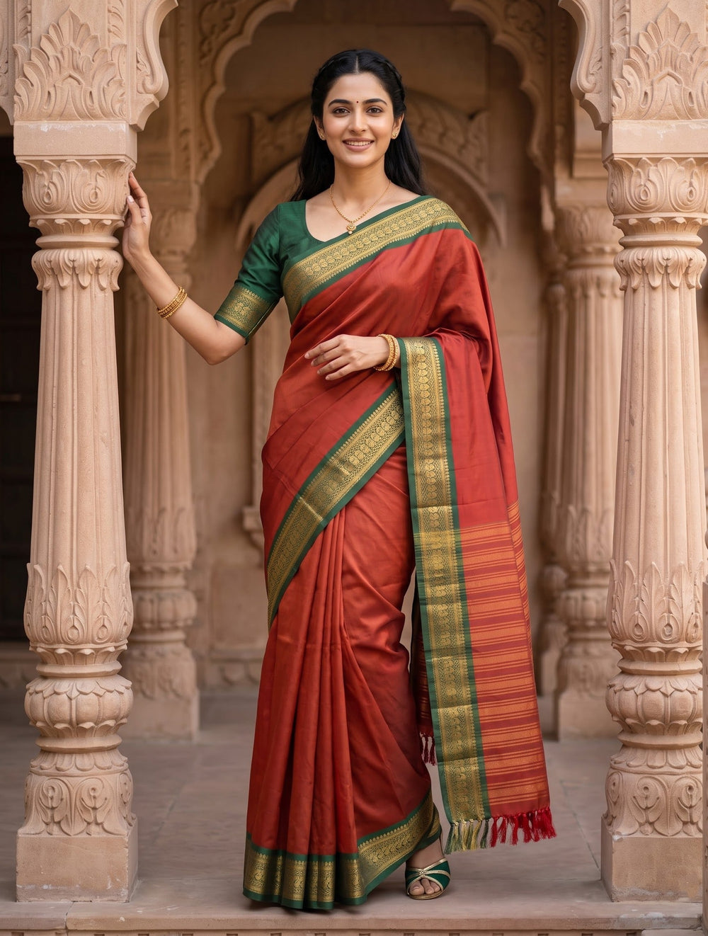 Semi Silk Red Golden Pinstripe Saree with Green Zari Border