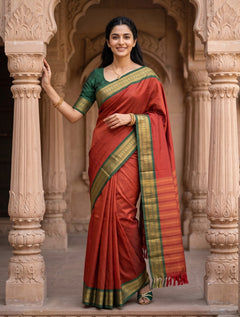 Semi Silk Red Golden Pinstripe Saree with Green Zari Border