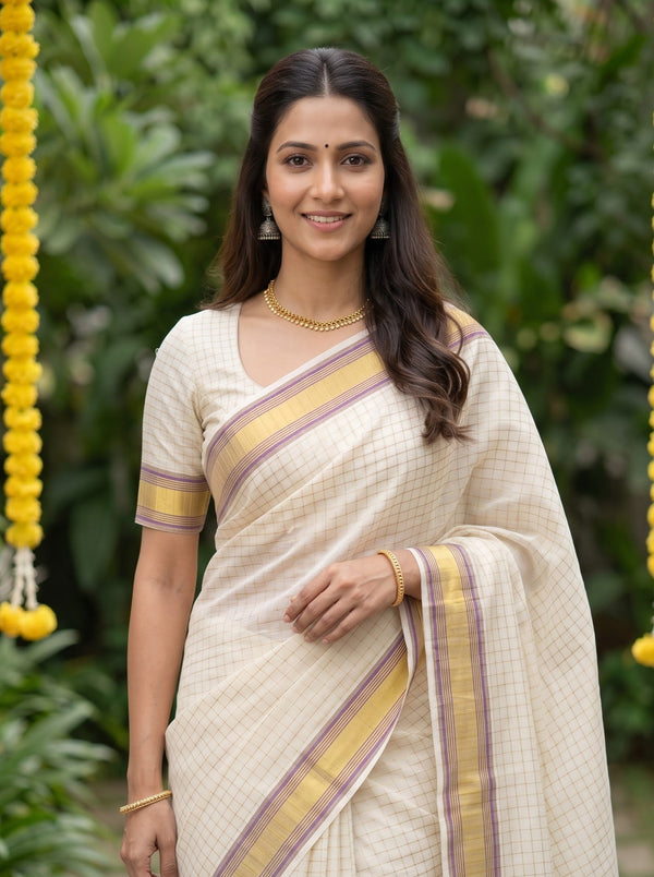 Cotton Cream Check Violet Golden Zari Border Kerala Saree