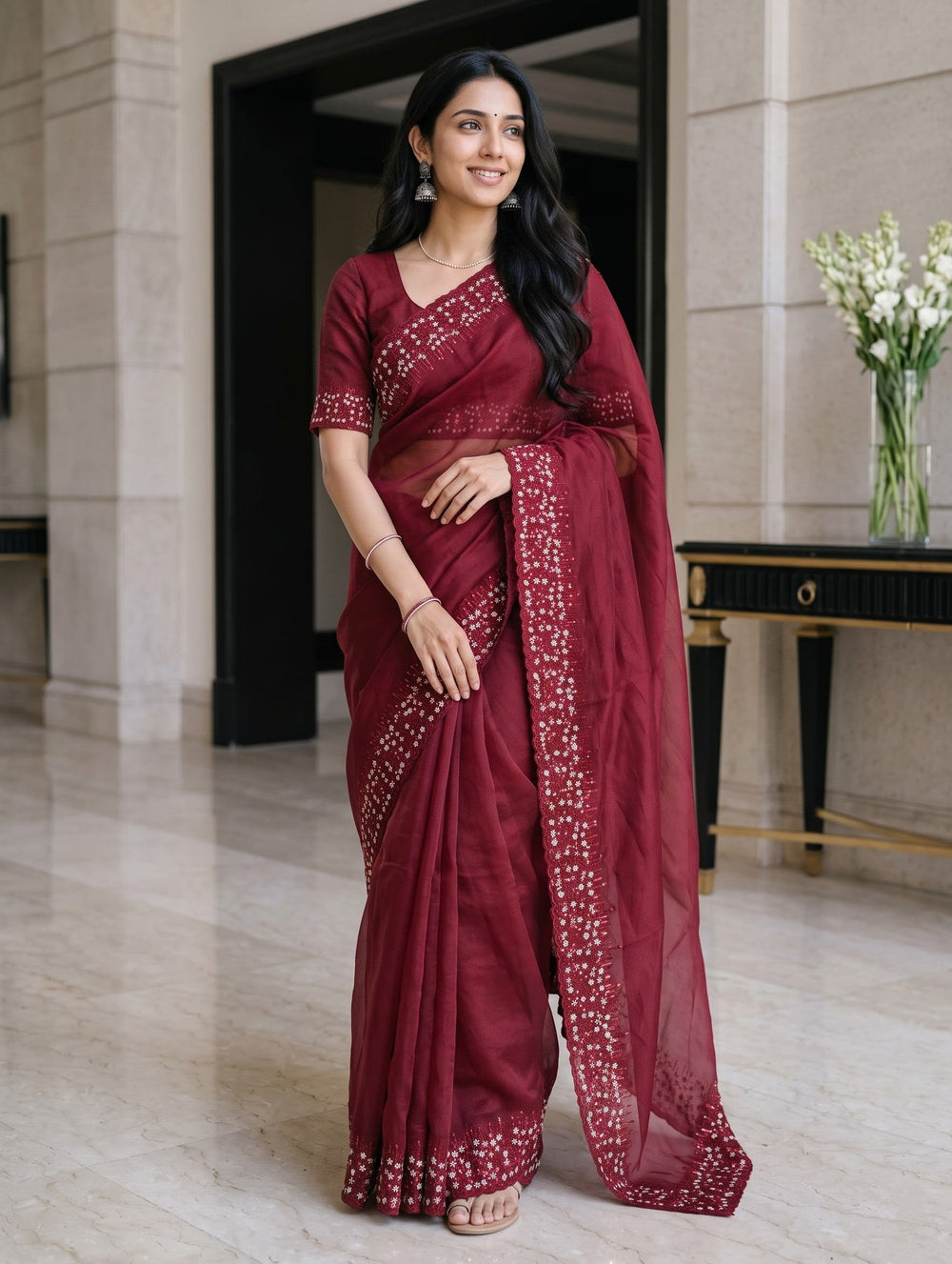 Organza Red Sequin Border Zari Floral Embroidered Saree