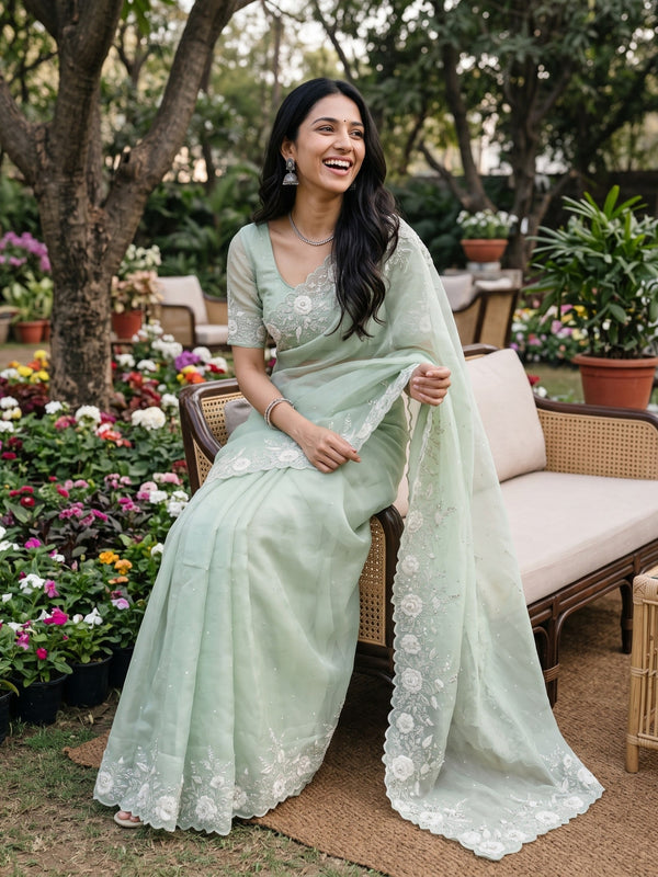 Organza Blue Green Sequin Embellished Saree