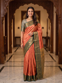 Semi Silk Rust Orange Gold Floral Jaal Saree with Green Temple Border