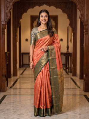 Semi Silk Rust Orange Gold Floral Jaal Saree with Green Temple Border