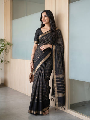 Chanderi Cotton Black Saree with Gold Zari Checks and Butta