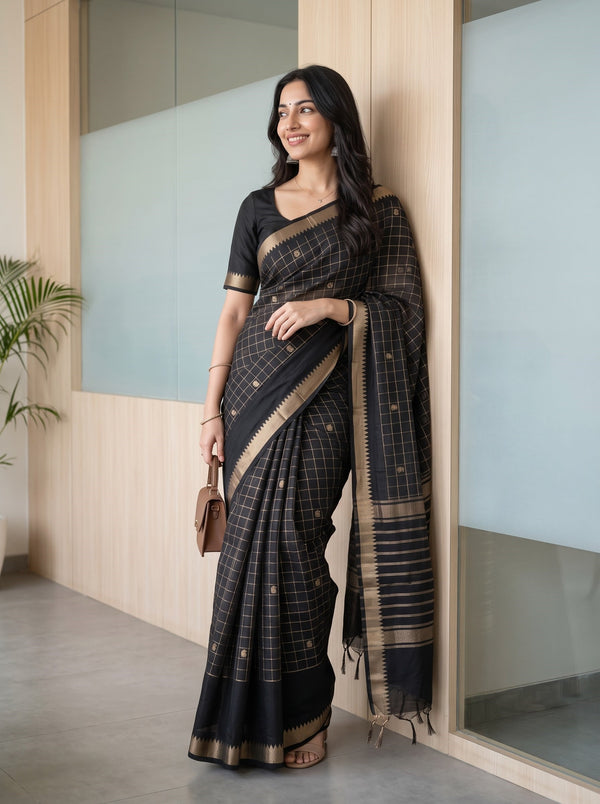 Chanderi Cotton Black Saree with Gold Zari Checks and Butta